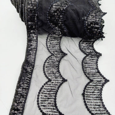Black Net Scallop Lace Trim with Black Sequins, Sari Border, Embroidered Trim